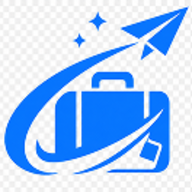 Blue suitcase icon with a paper airplane and swoosh lines
