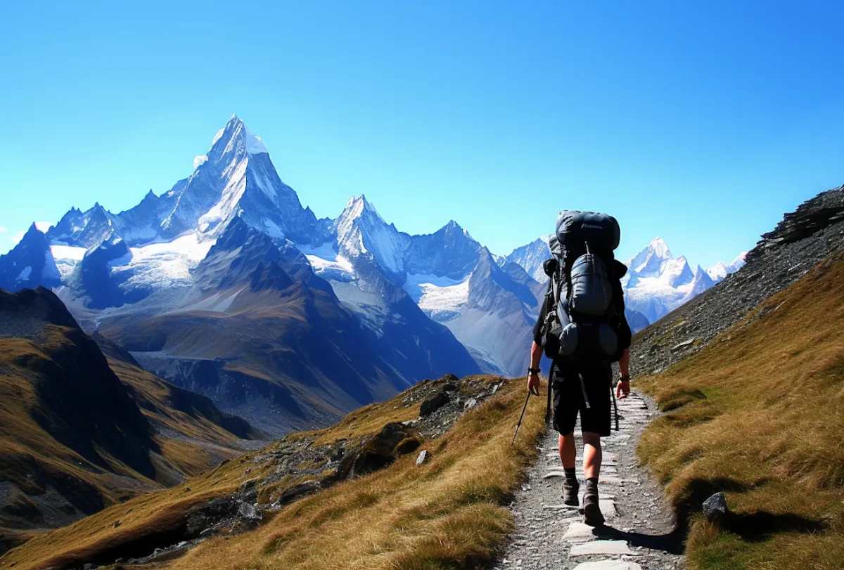 Hiker with large backpack walking on mountain trail with snow-capped peaks in clear blue sky.