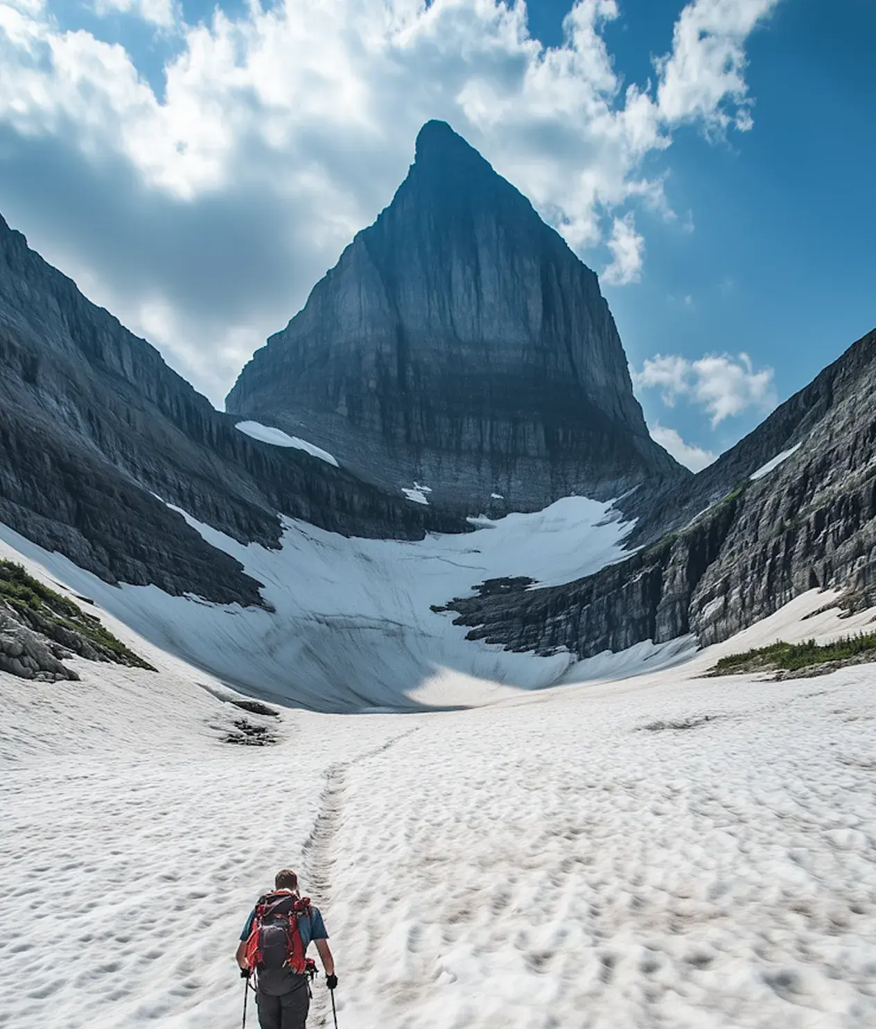 Hiker with backpack and poles walking on snow toward a steep mountain peak under partly cloudy sky.